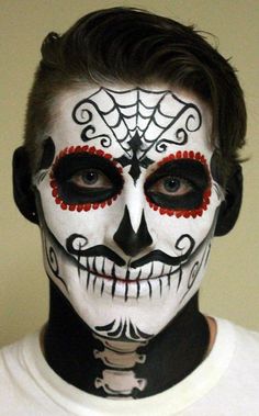 Sugar skull face paint for a man … Bold Halloween Makeup, Skull Makeup Tutorial, Muertos Makeup, Halloween Makeup Sugar Skull, Day Of The Dead Makeup