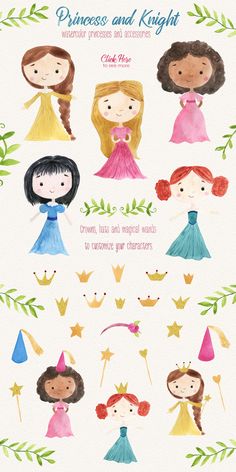 the princess and knight poster is shown in various colors, with different designs on it