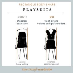 the rectangle body shape playsuits are shown in black and white, with measurements for