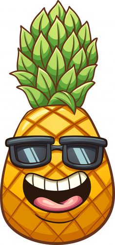 a cartoon pineapple wearing sunglasses and smiling