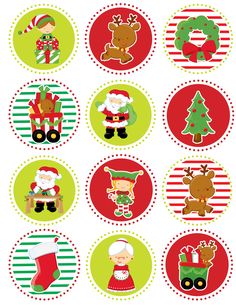 christmas stickers with santa claus, reindeers and other holiday items on them in red green and white circles