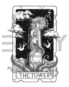 the tower tarot card with an octopus on it's back and some clouds around it