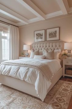 a large white bed sitting in a bedroom next to two lamps on either side of a window