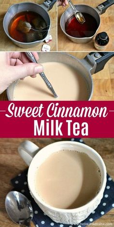 homemade sweet cinnamon milk tea in a pan with spoons