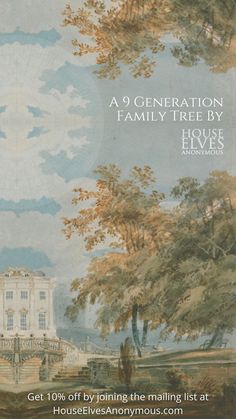 an advertisement for a family tree by house renovations, with trees and clouds in the background