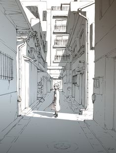 a drawing of a woman walking down an alley way with buildings in the background,