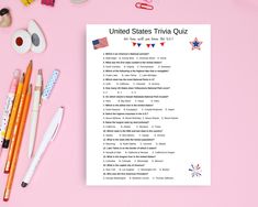 the united states trivia quiz is next to pencils, markers and crayons