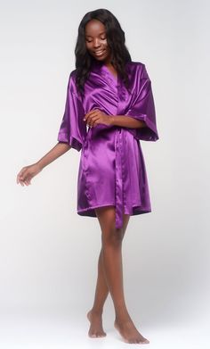 Purple Satin Kimono Short Robe-Robemart.com Satin Wrap Robe With Satin Finish, Satin Wedding Night Sleepwear, Satin Wedding Night Dress, White Satin Nightgown For Wedding Night, Silk Kimono With Satin Finish, Elegant Sleepwear For Sleepovers, Purple Satin Sleepwear, Silk Robe With Satin Finish For Sleep, Open Front Satin Robe For Loungewear