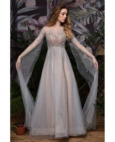 Buy Celebrities Full Beaded Grey Long Prom Dress With Long Cape Sleeves at wholesale price online. High quality custom-made service pro since 2009. Wedding Dress Champagne, Stunning Wedding Dresses, Beaded Prom Dress, Champagne Wedding, Prom Dresses Online, Tulle Prom Dress, Long Wedding Dresses, Evening Party Dress, Elsa Frozen