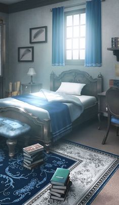 a bed room with a neatly made bed and a blue rug on the floor next to a window