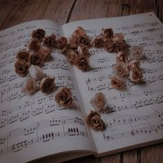 an open book with music sheets and flowers on it