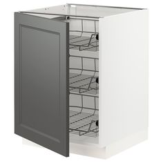 an image of a white cabinet with wire baskets on the door and drawers in it