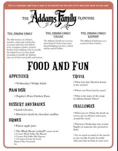 Movies With Food Themes, Fall Family Movie Night Ideas, Movies And Dinner Ideas, Addams Family Dinner And A Movie, Adams Family Movie Night Food, Adams Family Dinner And A Movie