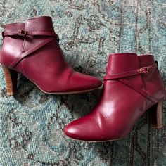 Barely Worn, In Great Condition With A Few Light Scuffs On One Shoe. Boots Are Size 40 French Which Is A 9 Us Boots With Straps, Burgundy Ankle Boots, Burgundy Boots Ankle, Shoes Heels Boots, Shoes Women Heels, Heeled Boots, Shoe Boots, Ankle Boots, Shoes Heels