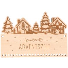 a wooden sign that says, merry christmas with houses and trees