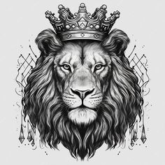 a lion with a crown on it's head, drawn in black and white