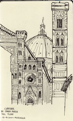 a drawing of a cathedral with a clock tower