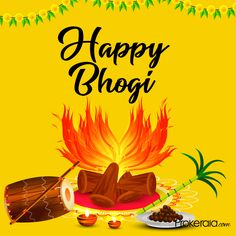 happy bhogi greeting card with bonfire