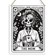 a black and white skeleton playing card with the words, mom on it's back