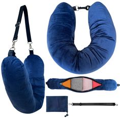 the blue travel pillow is next to two pieces of luggage and one piece of seat belt