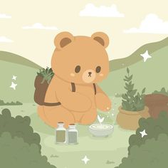 a brown bear sitting on top of a lush green field next to plants and jars