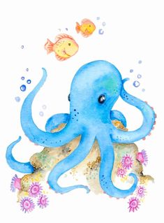 an octopus is swimming in the ocean with other sea creatures around him and under it