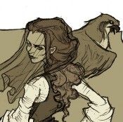 a drawing of a woman with long hair holding a bird in her hand and looking at the camera