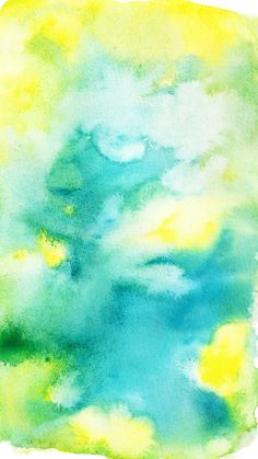 an abstract watercolor painting with yellow and blue clouds in the sky on a white background