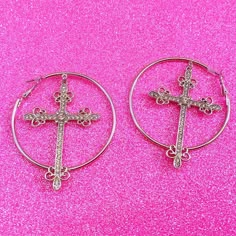 Crystal Cross Hoop Earrings | BOOGZEL CLOTHING – Boogzel Clothing Baddie Earrings, 2000s Accessories, Grunge Chokers, Y2k Cross, Y2k Earrings, Jewelry Y2k, Earrings Punk, Aesthetic Luxury, Mens Earrings Hoop