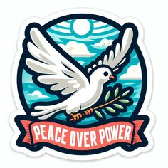 a sticker with a dove flying over the ocean and holding an olive branch in its beak