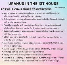 an image with the text uranos in the 1st house possible challenges to overcome