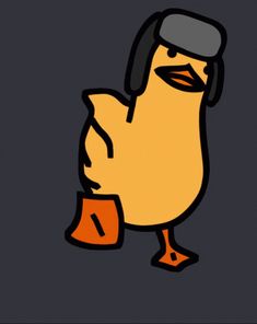 a drawing of a chicken with a hat on it's head and an orange tag in his hand