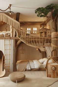 a bedroom with a hammock bed and wooden furniture