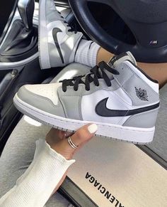 Black Gray Custom Air Jordan 1s-shecustomize Custom Jordan 1 Mid, Filmy Vintage, Custom Jordans, Dr Shoes, Jordan Shoes Girls, All Nike Shoes, Nike Air Shoes, Cute Nike Shoes, Fresh Shoes