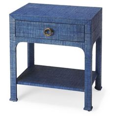 a blue end table with a drawer on the bottom and one drawer at the top