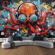 an octopus with headphones on is sitting in front of a large wall mural that looks like it has been painted