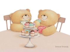 two teddy bears sitting at a table with cupcakes