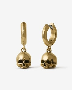 Cranium Earrings-Ear Dangles- Gold - - Ask & Embla Cool Gold Earrings, Gold Alternative Jewelry, Gold Gothic Jewelry, Bookish Earrings, Comfort Earrings, Weird Jewelry, Unique Earring, Edgy Earrings, Skeleton Earrings