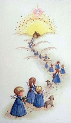 children are walking down the hill with an angel above them and a dog on the other side