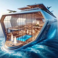 a futuristic boat floating on top of the ocean with water jets coming out of it