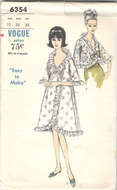 1960s Vogue 6354 Misses Ruffled Robe and Bed Jacket Pattern Plunging Neckline Womens Vintage Sewing Pattern Size 10 Or 12 UNCUT by mbchills on Etsy 60s Vogue, 1960s Vogue, Jacket Sewing Pattern, Vintage Vogue Sewing Patterns, Lingerie Patterns, Jacket Sewing, Vogue Vintage, Bed Jacket, Pajama Pattern