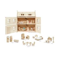 a doll house with furniture and accessories on a white background