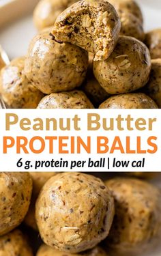 peanut butter protein balls stacked on top of each other in front of a white plate