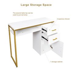 a white desk with gold trimmings and an open drawer underneath the desk top