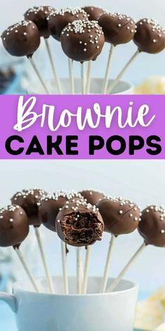 chocolate cake pops with white sprinkles on top and the words brownie cake pops