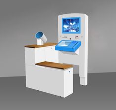 a white machine with a blue screen on it's front and back sides is shown