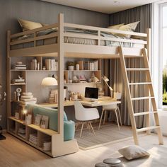 a loft bed with desk and ladder in the middle is next to a large window