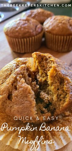 an easy pumpkin banana muffin is cut in half