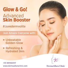 a woman with her hands on her face and the words glow & go advanced skin booster