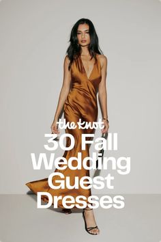 a woman in a brown dress with the words 50 fall wedding guest dresses on it